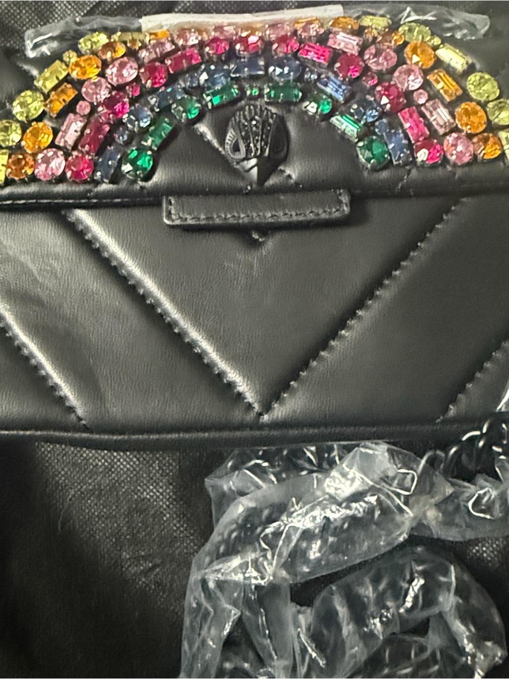 Kurt Geiger Black Quilted Crossbody with Rainbow Crystal Arch